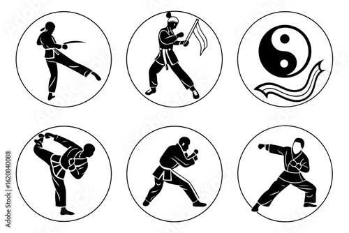 Martial Arts Silhouettes and Yin Yang Symbol.