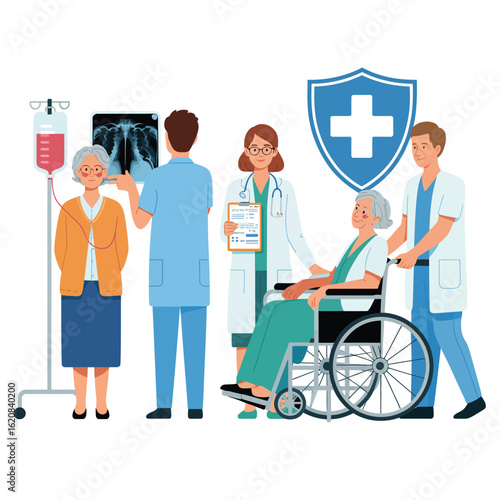 Healthcare professionals providing comprehensive medical care and insurance protection for senior patients.