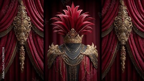 An opulent background of layered scarlet and gold drapery, embedded with abstract crown shapes and glowing ornamental borders