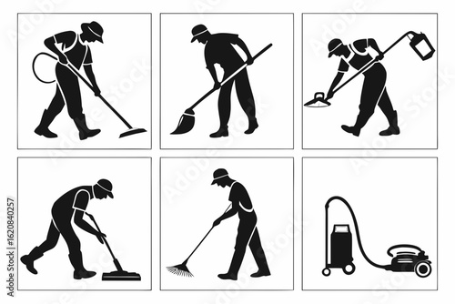 Silhouettes of people performing cleaning tasks with various tools.