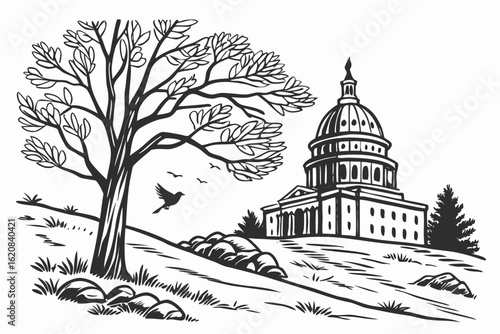 Stylized Illustration of the US Capitol Building with a Tree and Birds.
