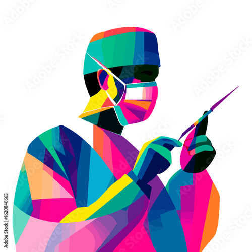 A colorful illustration of a medical professional in action.