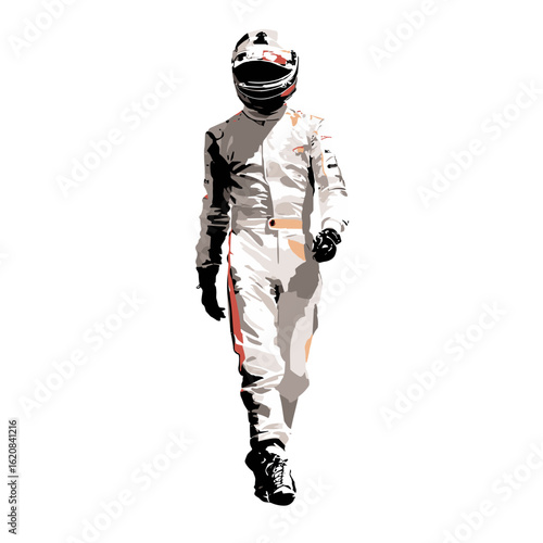 A determined driver walking with confidence in race suit.