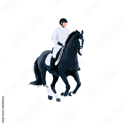 Elegant equestrian gracefully riding a black horse.