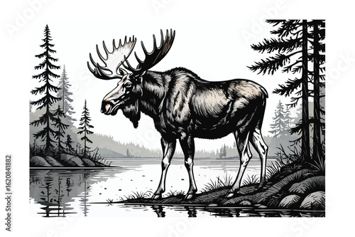 A silhouette vector of A majestic moose stands tall at the edge of a calm lake, its impressive antlers spread wide and muscular body rendered in detailed black ink strokes
