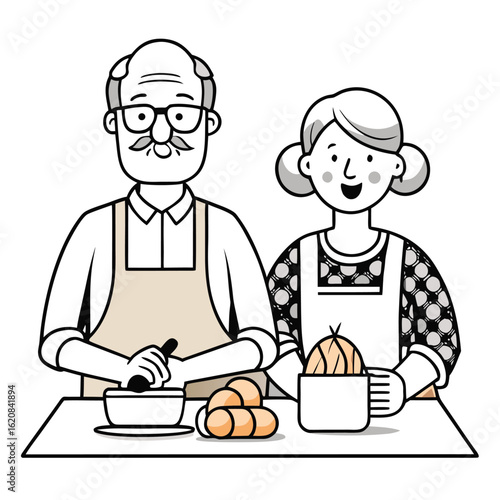 A couple wearing aprons are preparing food together