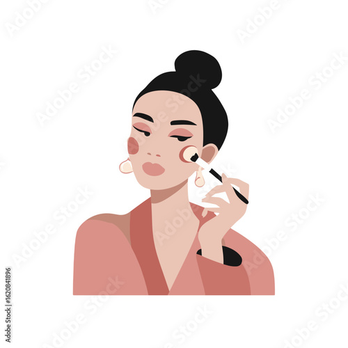 A beautiful woman applying makeup with a brush.