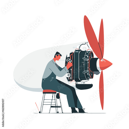 A skilled mechanic repairing an aircraft engine.