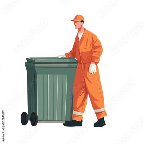 A sanitation worker wearing an orange jumpsuit and cap stands beside a large green trash bin.
