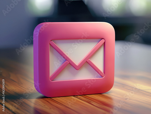 Close up of a pink envelope symbol on a wooden surface with blurred background in soft lighting