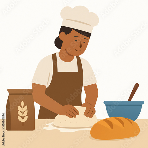 An illustration of a chef, wearing a chef's hat and apron, kneading dough or preparing food on a counter with a bowl and a bag of flour nearby, representing culinary work or baking.