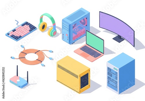 Wallpaper Mural Isometric computer peripherals collection: mechanical keyboard, headphones, CPU chassis, monitor, laptop, cables, router, server Torontodigital.ca