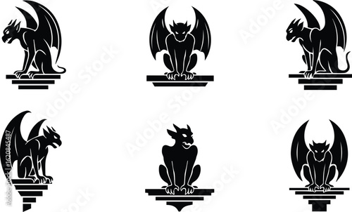  collection of gothic gargoyle silhouettes perched on pedestals representing architectural and decorative elements vector illustration
