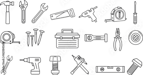Hand Tools Line Icons – Screwdriver, Wrench, Hammer, Drill, Saw, Pliers, Toolbox, Tape Measure, Bolts

