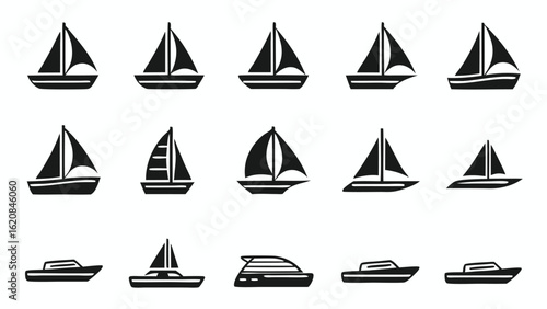 Collection of sailboat and motorboat silhouettes for nautical design