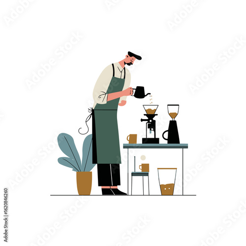 A barista meticulously preparing coffee with focus and precision.