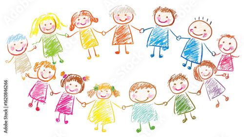 Colorful Chalk Drawing of Happy Children Holding Hands