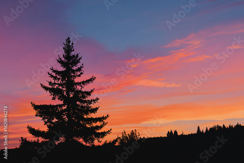 Realistic pine tree silhouette against sunset sky with warm orange hues and glowing evening light