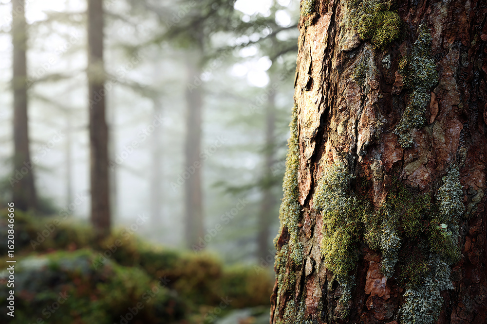 Fototapeta premium Realistic pine tree trunk with rough bark and moss in a calm natural forest environment