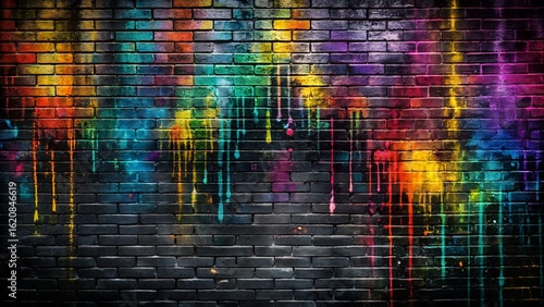 Colorful graffiti paint splatters and drips on a dark, textured brick wall background