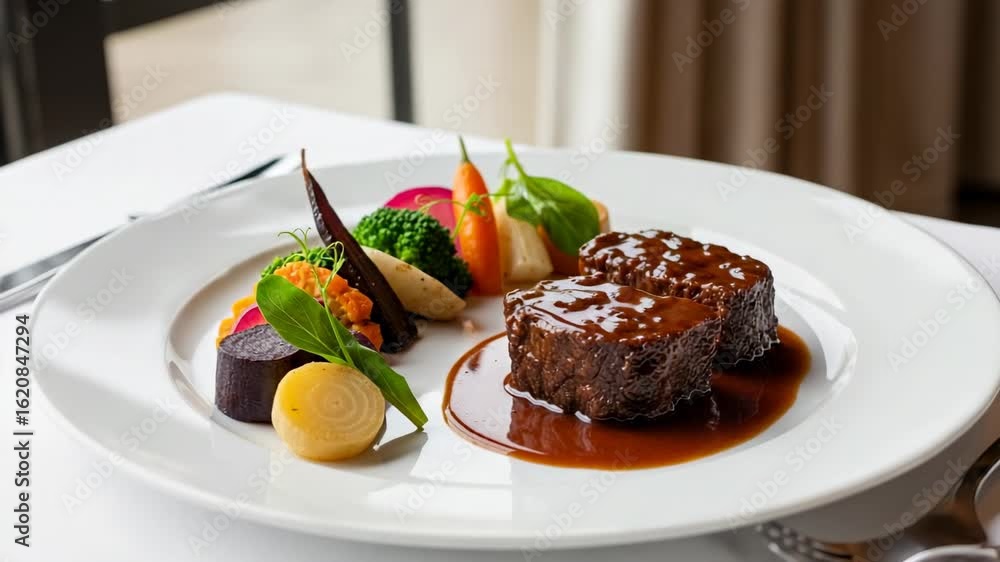 Gourmet beef dish with roasted vegetables. Plated on a white dish with a rich brown sauce. Fine dining meal in a restaurant. Gourmet beef dish with roasted vegetables. Plated on a white dish with a rich brown sauce. Fine dining meal in a restaurant.