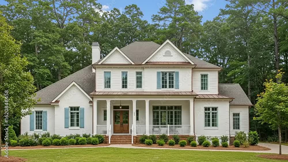 Large, white house with light blue shutters and a covered porch. Large, white house with light blue shutters and a covered porch.