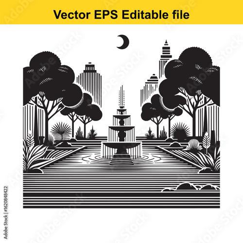 Vector art of city park with fountain and skyscrapers under the moon