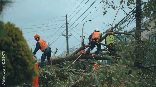 Utility workers removing storm-damaged tree from electrical power lines after urban storm event