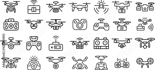 drone camera line icons set, vector illustration