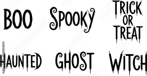 halloween themed typography with words like boo, spooky, haunted, ghost, witch, and trick or treat, isolated on white background vector illustration