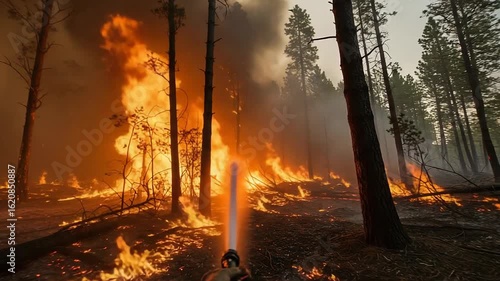 Firefighter Extinguishing Wildfire Flames in Dense Forest Environment