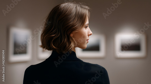 Artistic Contemplation: A thoughtful woman explores an art gallery, her gaze drawn towards a framed artwork, reflecting on creativity and culture.