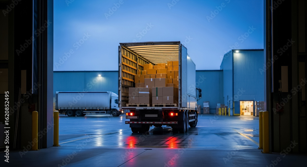 Fototapeta premium Back of a Semi-Truck with Open Door at a Warehouse