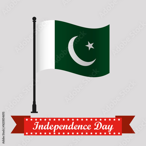 Flat Pakistan Independence Day With Waving Flag