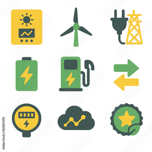 Renewable energy icons: eco-friendly technology and sustainable solutions