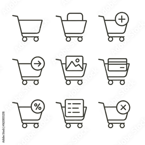 Shopping cart icons: minimalist line art collection for e-commerce and digital interfaces