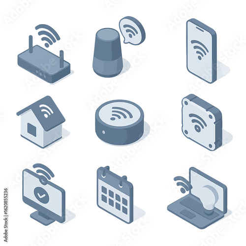 Isometric smart devices network concept with wi-fi connectivity in modern design