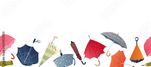 Fall border with various hand drawn umbrellas in different shapes and colors Textured autumn design with cozy emotion Perfect for seasonal decoration, cards, headers. Flat vector illustration isolated