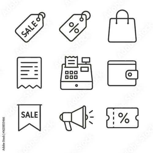 Shopping icons set: minimalistic linear style for retail and e-commerce themes