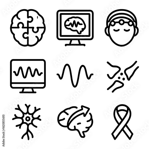Medical brain icons set featuring neural connections and mental health symbols