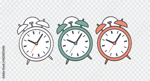 A trio of charming, handdrawn alarm clocks in different colors, ready to signal the start of the day