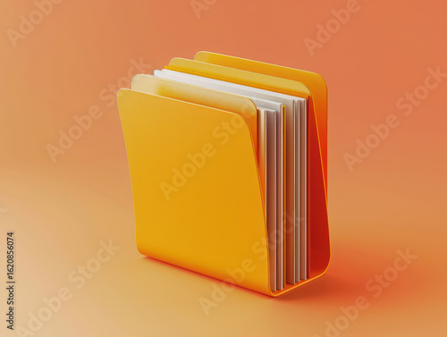 A yellow folder with white papers inside standing on a peach colored surface in a studio setting