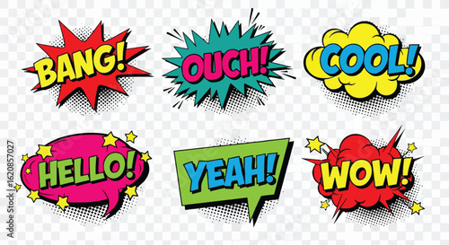 Comic book speech bubbles with exclamations text bang ouch cool hello yeah wow vector
