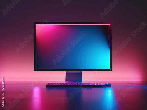 Illuminated desktop setup with keyboard and mouse in a vibrant pink and blue environment