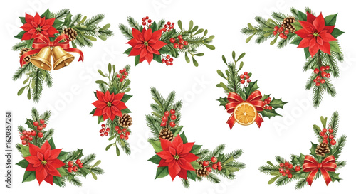 Festive Christmas floral arrangements with red poinsettias pine cones holly berries bells and ribbons