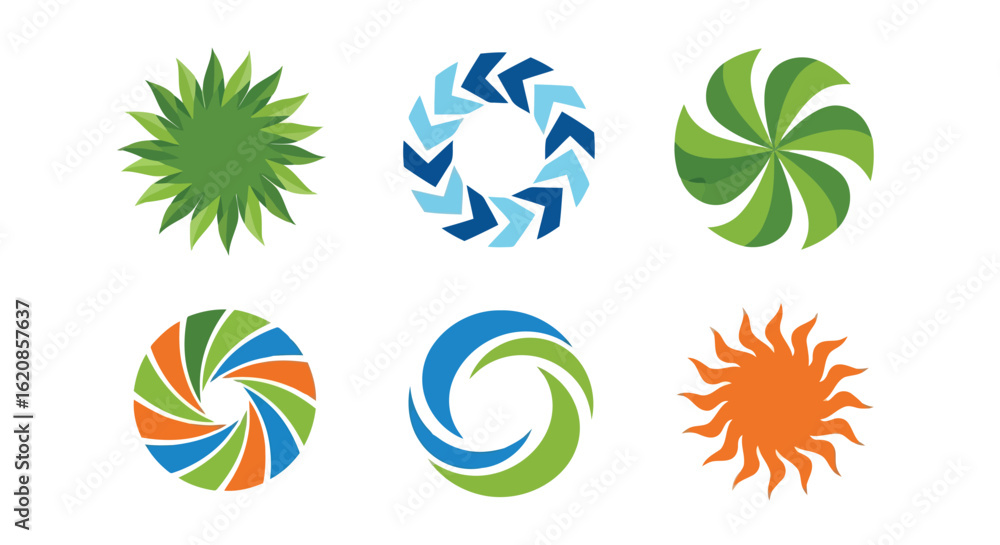 Obraz premium Green leaves blue arrows swirling green blue orange shapes sunburst vector swirling shapes green shapes