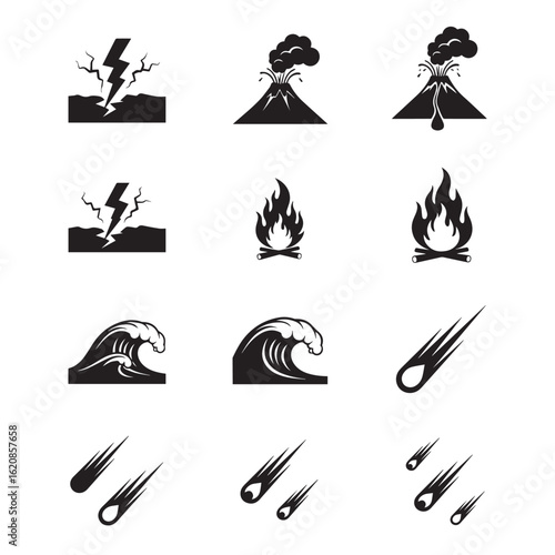 Collection of natural disaster icons representing earthquakes volcanoes fire waves and meteorites