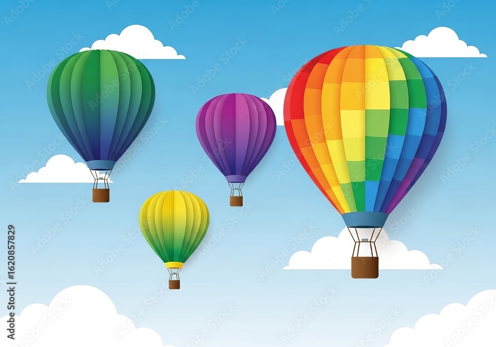 Fototapeta premium Colorful hot air balloons floating serenely in a bright blue sky with fluffy white clouds