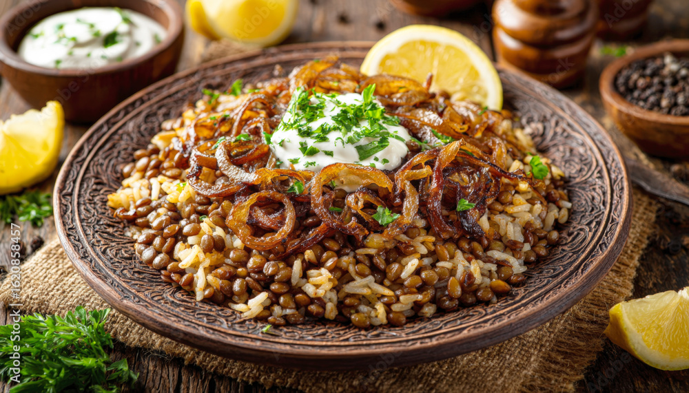 hearty plate of mujadara, traditional Middle Eastern dish. It features a bed of fluffy rice and earthy lentils, topped with crispy fried onions, a dollop of creamy yogurt sauce, and fresh lemon wedges hearty plate of mujadara, traditional Middle Eastern dish. It features a bed of fluffy rice and earthy lentils, topped with crispy fried onions, a dollop of creamy yogurt sauce, and fresh lemon wedges