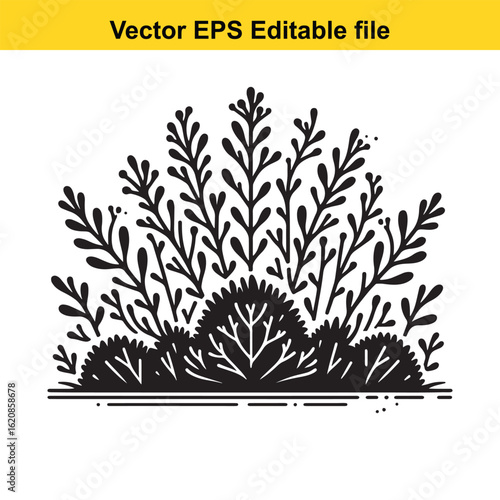 Vector art of stylized black and white illustration of lush green foliage